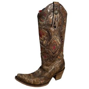 Corral cowboy boot pointed toe western cowgirl Aztec brown distressed embroidery